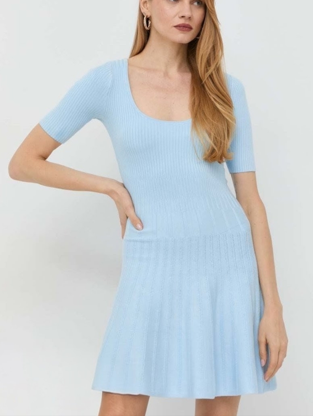 GUESS Scoop-Neck Dress Ribbed Knit Flared Skirt Light Blue
